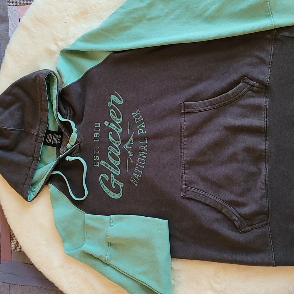 Prarie Mountain Glacier National Park Graphic Blue Gray Raglan Sleeve Hoodie